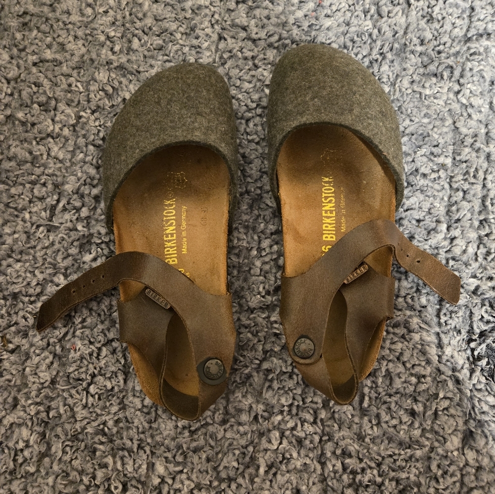 RARE / HTF Birkenstock Messina Grey Wool & Brown Leather Clogs Size 36 - Picture 2 of 5